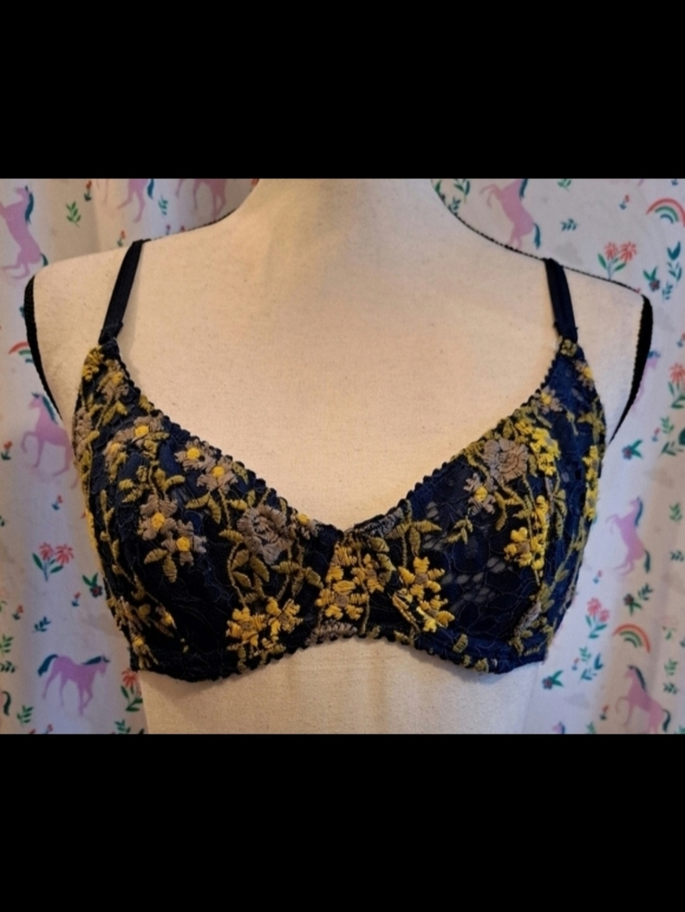 Free People Yellow & Blue Floral Lace Boho Cottage Bra w/ Under Wire SZ 32C